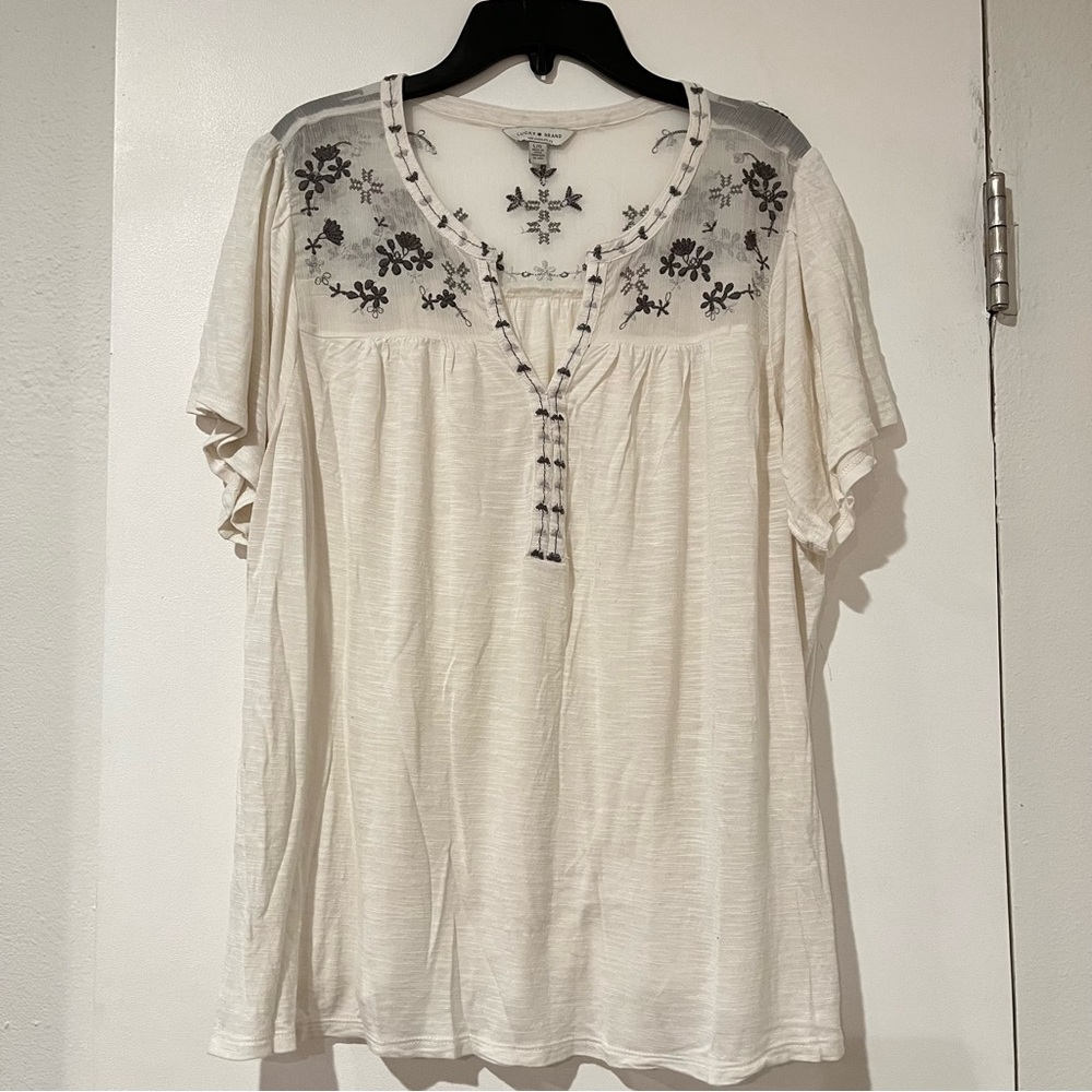 Lucky Brand White Embroidered Sheer Yoke Peasant Blouse Top